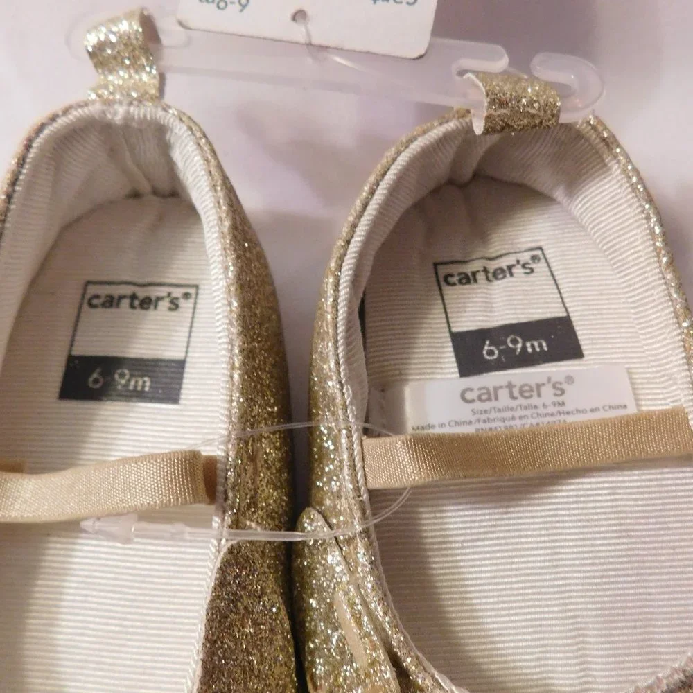 Carters Baby Girls Crib Shoes Gold Glitter Cat Design Size 6-9 Months NEW